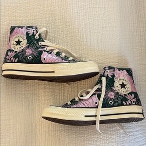 Converse High Top Sneakers in Dark Green with Pink Floral Print. NWOT